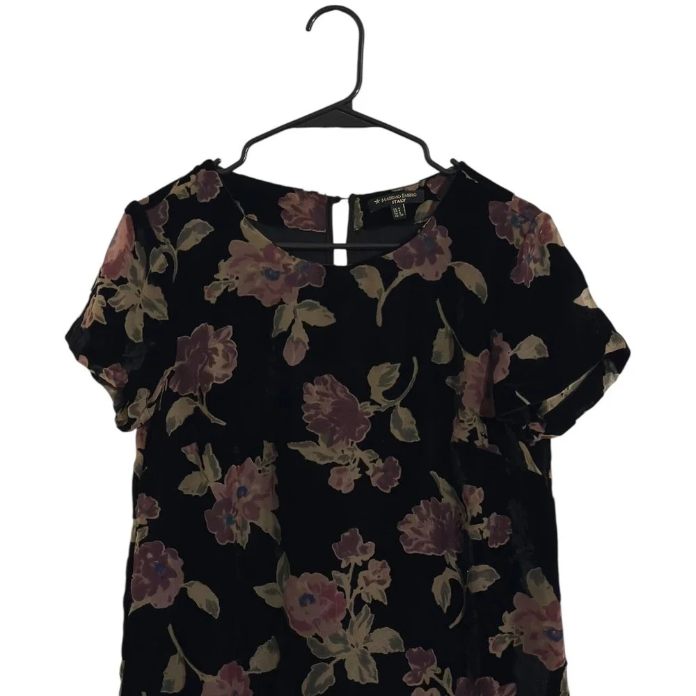 Massimo Fabbro Italy Black Velvet Shift Dress Floral Burnout Dark Fairy Size 4 - Picture 3 of 7